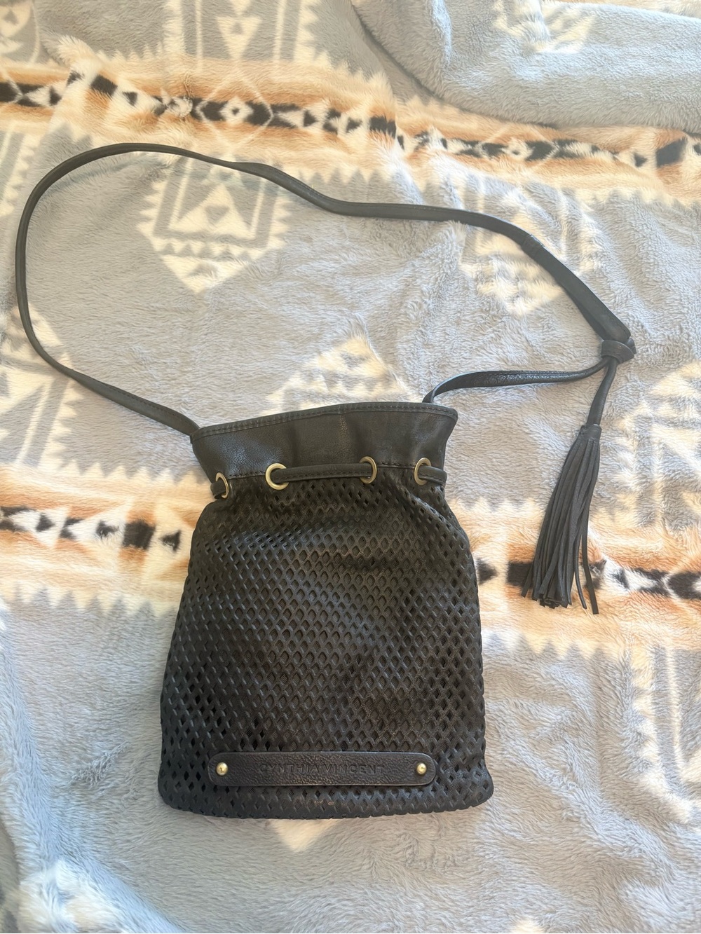 Textured Black Drawstring Crossbody Bucket leather Bag with Tassel